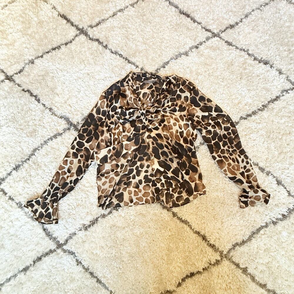 Y2K Liz Claiborne 100% Silk Leopard Animal Print Collared Button-Up Blouse 14